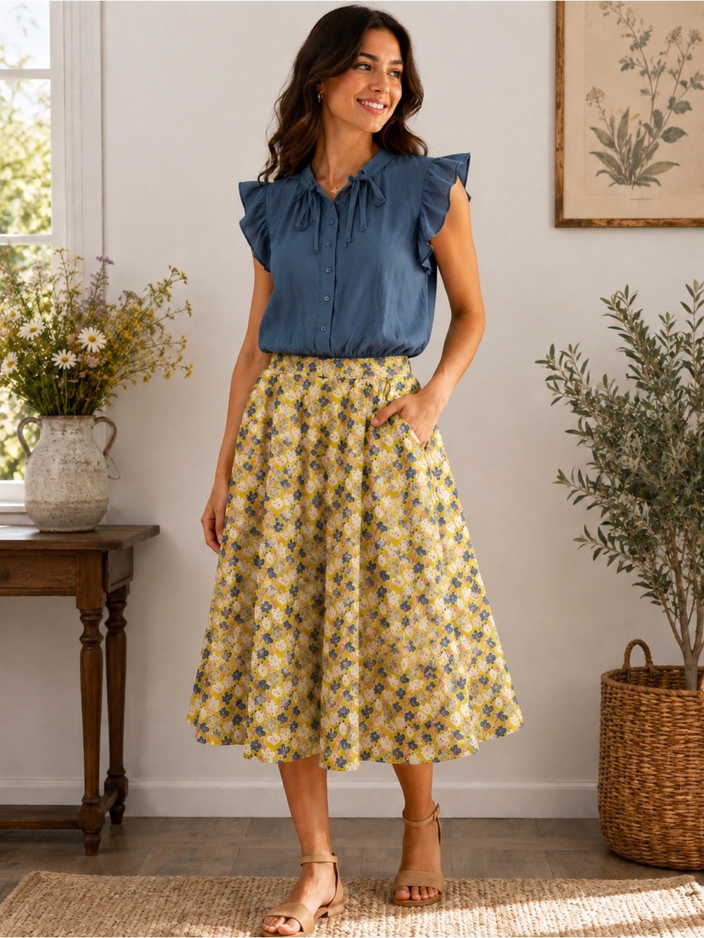 NWT Tulip B Vintage Inspired A-Lined Floral Midi Skirt Yellow Blue Pink Pockets - Picture 5 of 7